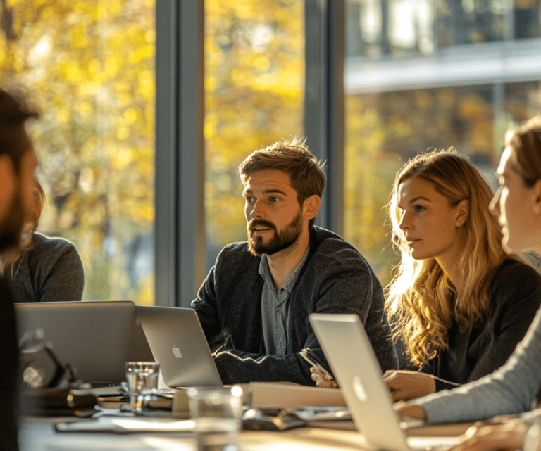 Ein Teammeeting mit einer Gruppe von Mitarbeitern vor Laptops, umgeben von herbstlichem Licht.