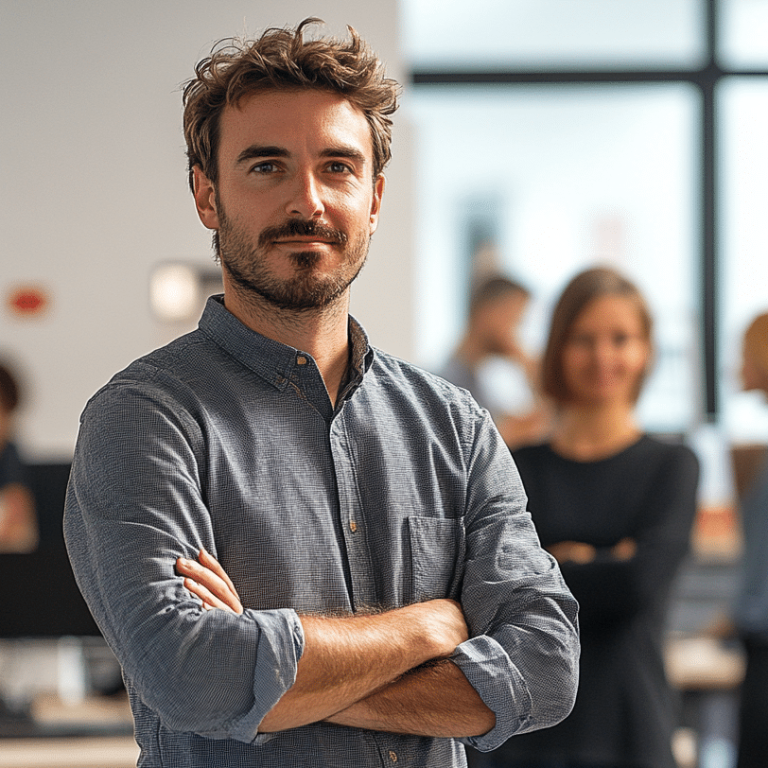 Ein junger Mann mit gekreuzten Armen steht in einem modernen Büro.